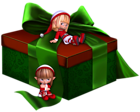 a green gift box with elves